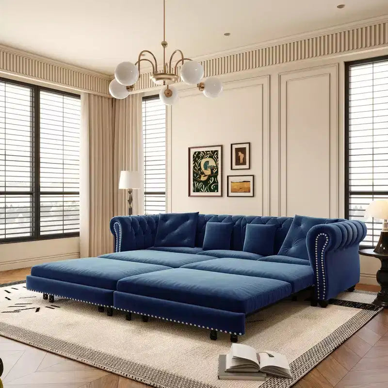 Whisen Velvet 3-in-1 King Size Pull-Out Sofa Bed & Convertible Sleeper Sofa with Movable Ottoman, Tufted Design