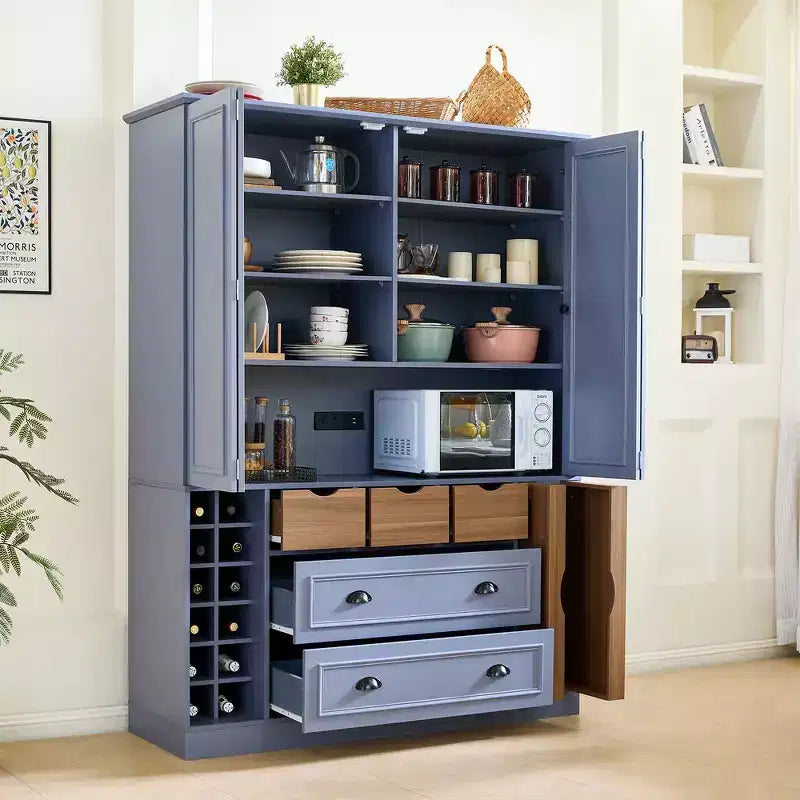 Whisen 71'' Tall Freestanding Kitchen Pantry, Large Dining Storage Cabinet Cupboard Sideboards With 4 Foldable Doors, Shelves, Wine Racks