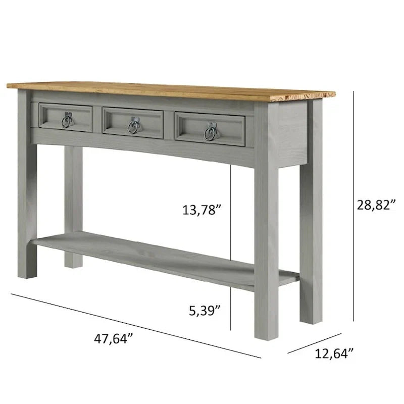 Rustic Solid Pine Console Hall Table, White Wash / Antique Brown / Gray Wash / Unpainted, 3 Drawers