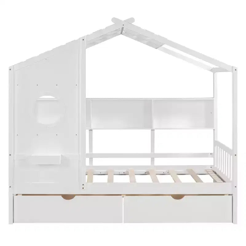 Twin/Full Size Wooden House Bed with 2 Drawers, Kids Bed with Storage Shelf - ModernLuxe