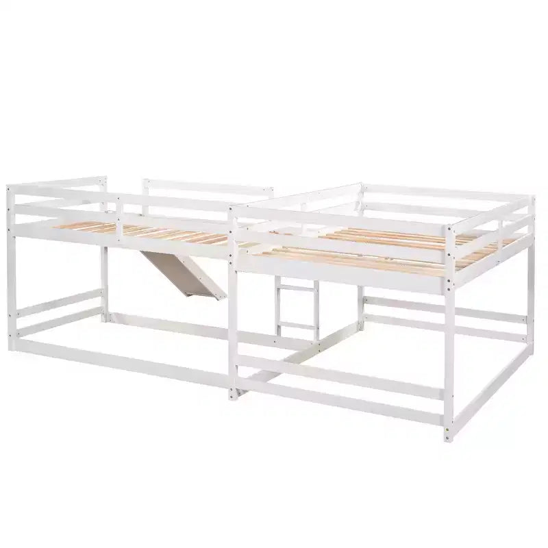 L Shaped Bunk Bed for 4 Kids, Quad Bunk Bed with Slide Full and Twin Wood Bunk Frame for Bedroom Dorm