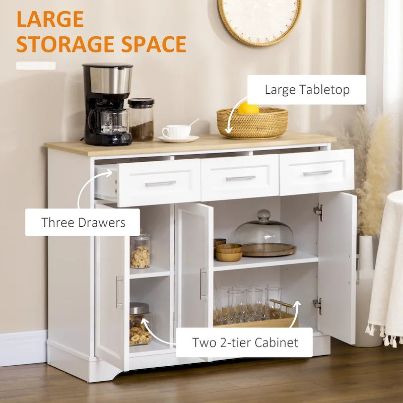 White Kitchen Sideboard Cabinet with 3 Drawers and Adjustable Shelf