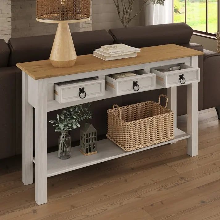 Rustic Solid Pine Console Hall Table, White Wash / Antique Brown / Gray Wash / Unpainted, 3 Drawers