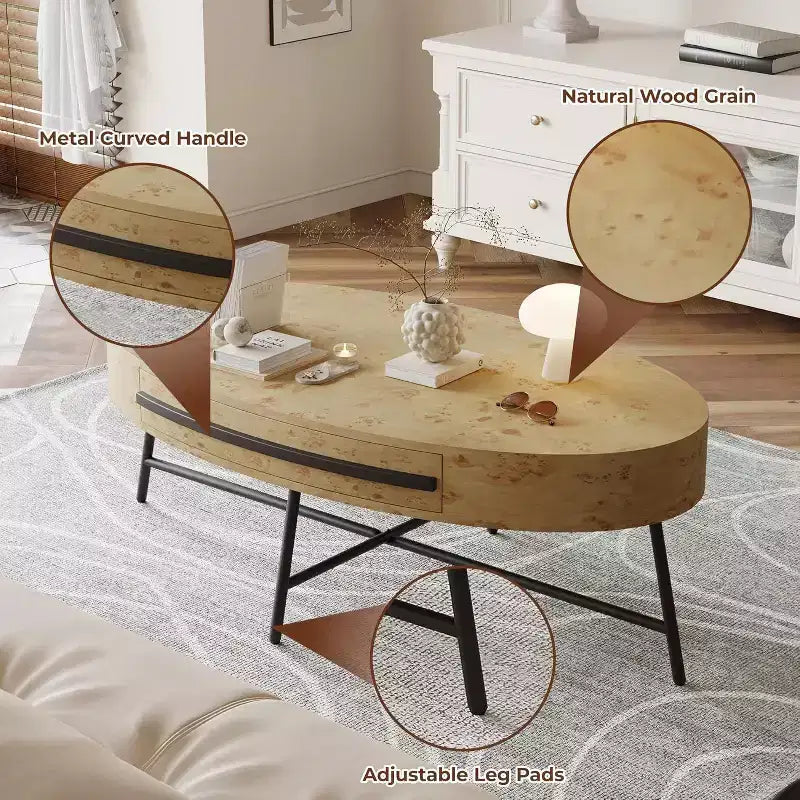 Acekool Oval Coffee Table with Drawer, 47.2 Wooden Storage Table with Cross Metal Legs  Mid-Century Modern Center Table in Natural & Golden Willow