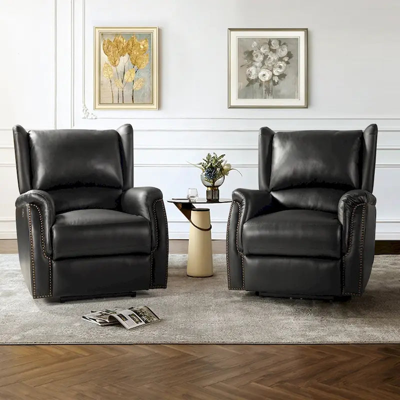 Genuine Leather Power Recliner with USB Port – Wingback Nailhead Set of 2