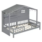 Twin Size House Bed with Storage Shelves and Rails, Wood Kids Montessori Bed Frame with Window and Sparkling Light Strip