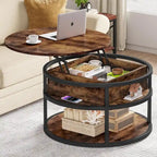 Table basse ronde relevable Moasis Farmhouse avec rangement dissimulé et étagère