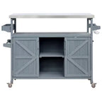 Okak Outdoor Kitchen Island with Stainless Steel Top, Wooden Kitchen Cart with Doors, Shelves and Spice Rack, Rolling Kitchen Island