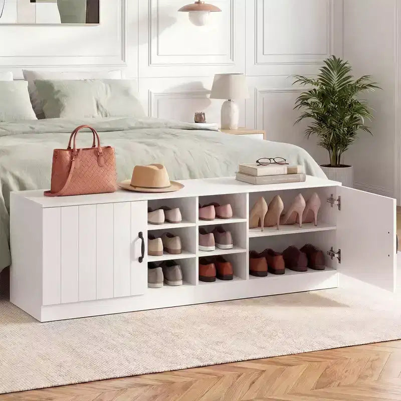 2-Door Shoe Bench wirh Adjustable Shelves Hidden Storage Space Natural + White/Whi5te