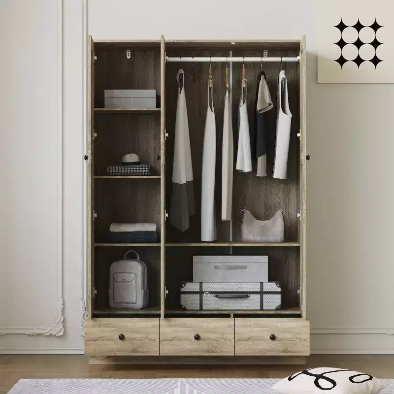 Famapy Rattan Wardrobe with 3 Drawers,3 Breathable Rattan Doors Closet,Farmhouse Style Tall Storage Armoire for Bedroom