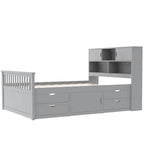 Lit plateforme capitaine double/grand avec 4 tiroirs et étagères de rangement, cadre de lit en bois massif avec tête de lit bibliothèque de rangement