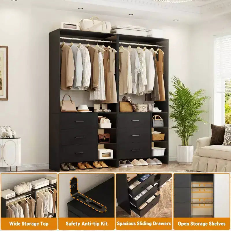 Besiost Set of 4 Closet Organizer with Wooden Drawers and Hanging Rods