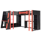 Letto a soppalco a L da gaming con scrivanie, letti a soppalco doppi con luci LED, porte USB, scaffali portaoggetti, letto a soppalco ad angolo in legno per 2