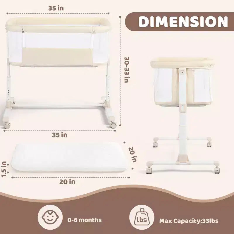 Baby Bassinet with Wheels – Beige / Gray / Pink, Bedside Sleeper, for 1 Baby