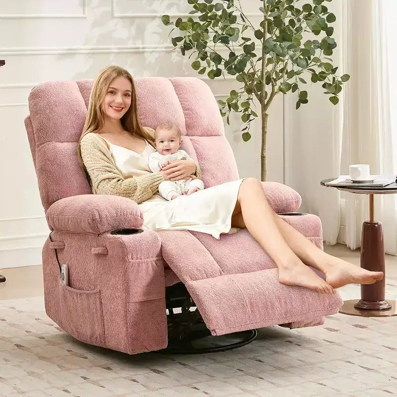 Oversized Recliner Chair for Adults, Manual Swivel Rocker Sofa, Side Pockets & Cup Holders for Big and Tall Persons, Living Room