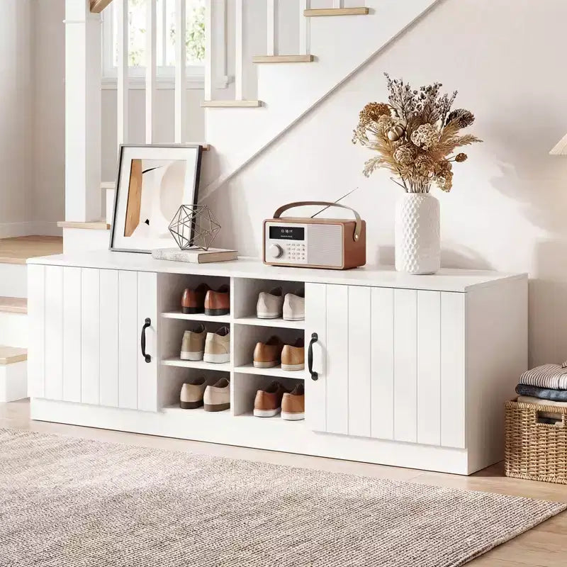 2-Door Shoe Bench wirh Adjustable Shelves Hidden Storage Space Natural + White/Whi5te
