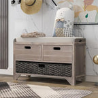 Wood Storage Bench with 2 Woven Baskets