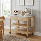 Rolling Kitchen Cart with Marble Top Solid Wood Kitchen Island Cart with 2 Drawers 3-Tier Kitchen Trolley with Lockable Detachable Wheels & Towel Rack