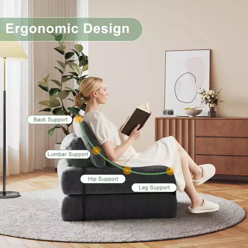 Full Corduroy Folding Sofa Bed Futon, Floor Convertible Sleeper Chair with Pillow & Back Support
