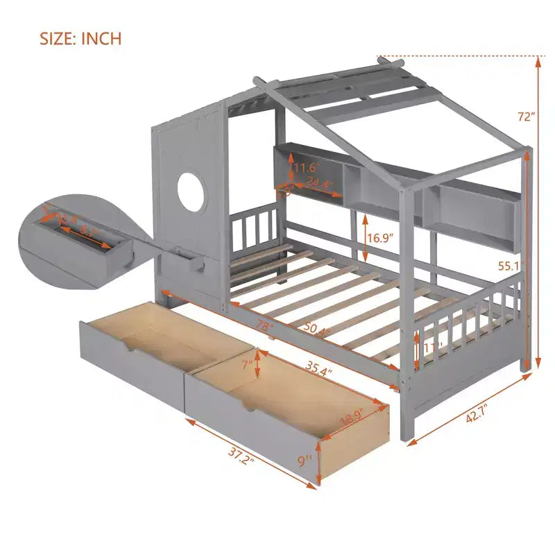 Twin/Full Size Wooden House Bed with 2 Drawers, Kids Bed with Storage Shelf - ModernLuxe