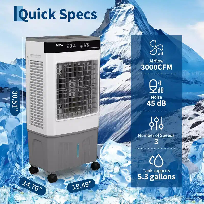 Raffrescatore Evaporativo con Serbatoio dell'Acqua, 4 Sacchetti di Ghiaccio, 3 Velocità, Oscillazione di 120°, Telecomando e Timer di 12 Ore, 150W Portatile da Pavimento