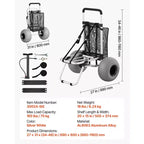 VEVOR Carrello da Spiaggia con Grandi Ruote per Sabbia, Piattaforma di Carico 50,8x38,1 cm, Carrello Pieghevole per Sabbia con Ruote a Palloncino da 30,5 cm, Capacità di Carico 75 kg, Argento+Nero