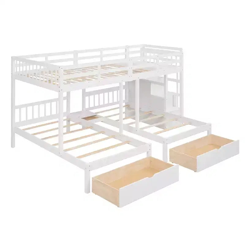 Whisen Full Over Twin & Twin Bunk Bed, Wood Triple Bunk Bed with Drawers and Guardrails