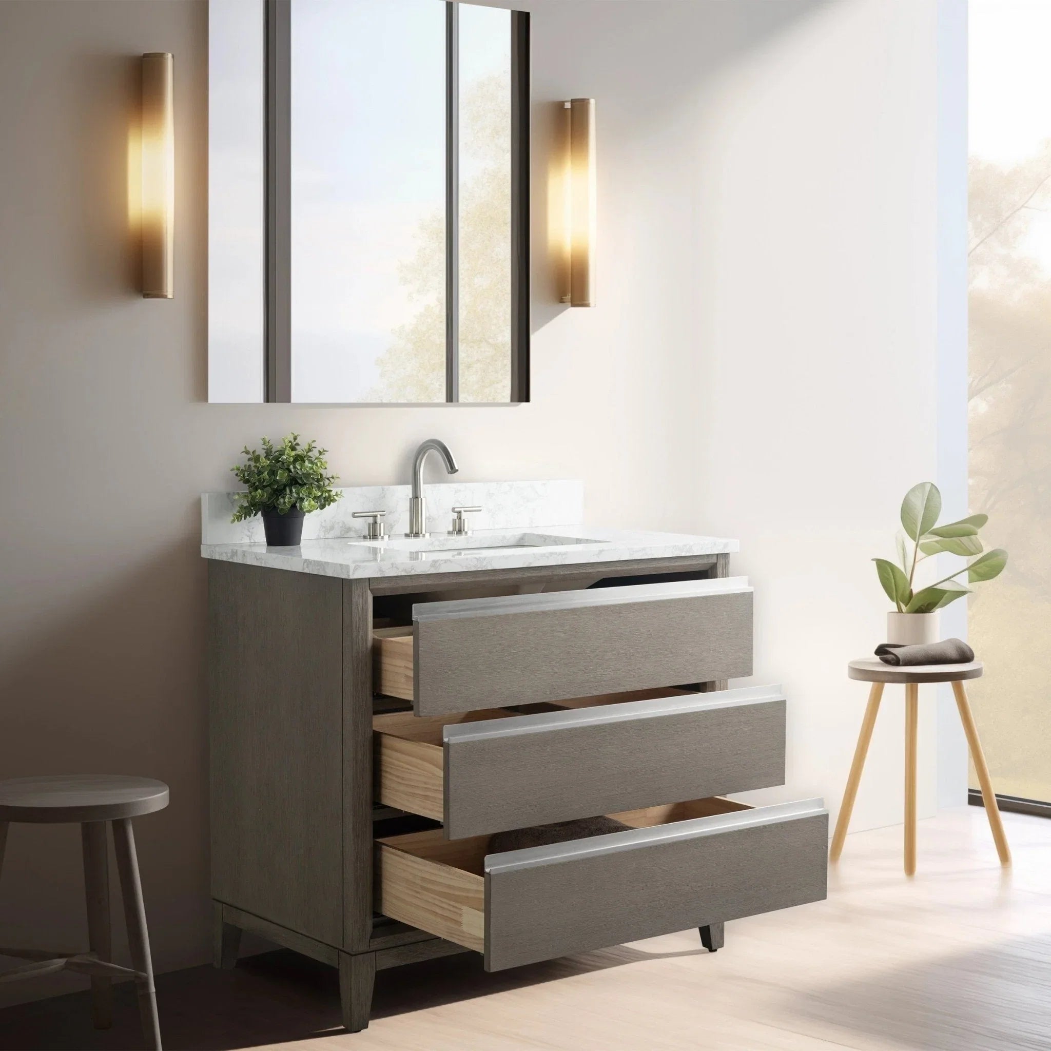 Vanity Art Bathroom Vanity with Ceramic Sink and Engineered Marble Top