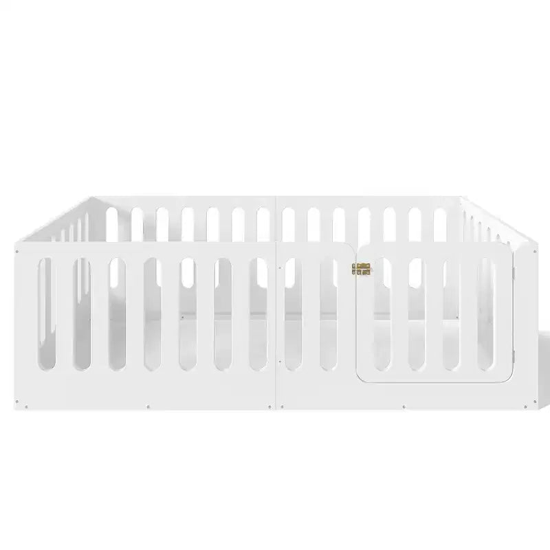 White Twin Montessori Floor Bed with Fence Rails & Door – Solid Wood, 1 Child