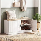 2-Door Shoe Bench wirh Adjustable Shelves Hidden Storage Space Natural + White/Whi5te