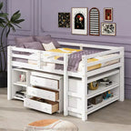 Full Size Low Loft Bed with Rolling Desk, 3 Drawers and Shelves