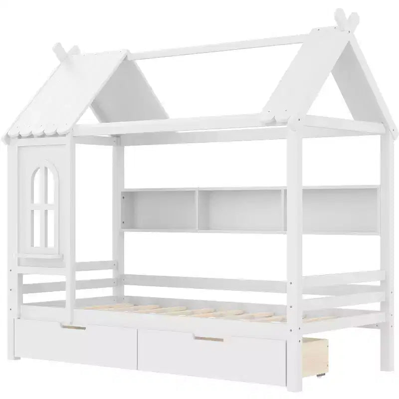 House Platform Bed with Storage Drawers and Window, Solid Wood Frame with Shelves, Childlike Fun Design, Light White