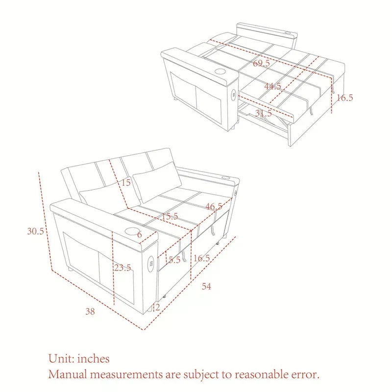 Pull-Out Sleeper Sofa Bed with Adjustable Backrest and USB Port