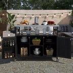 Okak Outdoor Kitchen Island with Stainless Steel Top, Wooden Kitchen Cart with Doors, Shelves and Spice Rack, Rolling Kitchen Island