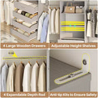 Besiost 4-9 Ft Wooden Closet Organizer System with 4 Drawers, 4 Hanging Rods & Shelving Towers