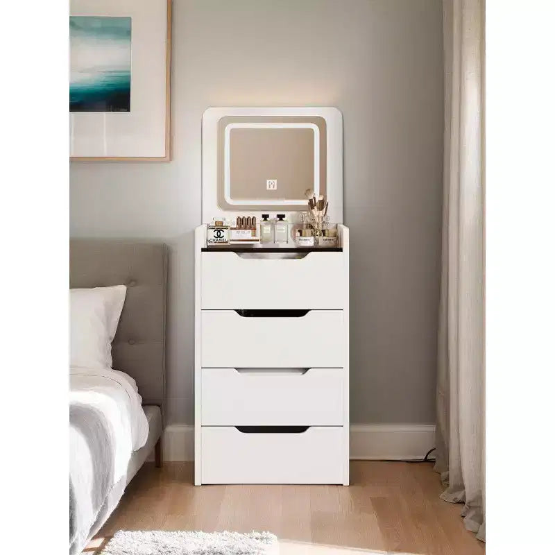 Okak 3-In-1 Vanity Table with Plip Top Mirror, Compact Vanity with Visible Glass Desktop and Cushioned Tool, Vanity Desk for Bedroom