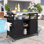 Okak Outdoor Kitchen Island with Stainless Steel Top, Wooden Kitchen Cart with Doors, Shelves and Spice Rack, Rolling Kitchen Island
