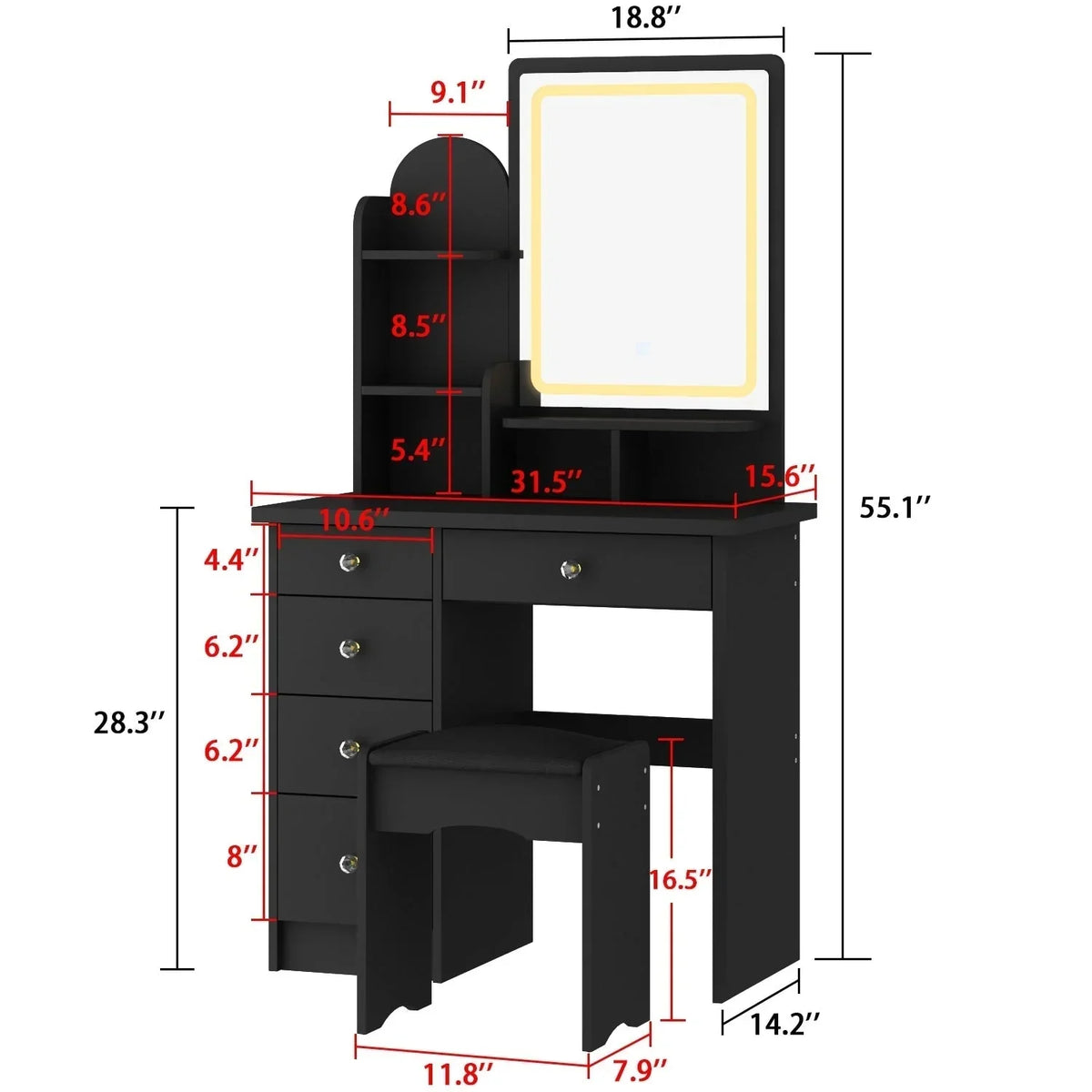 Makeup Vanity Set Table With LED Light &Mirror & Stool