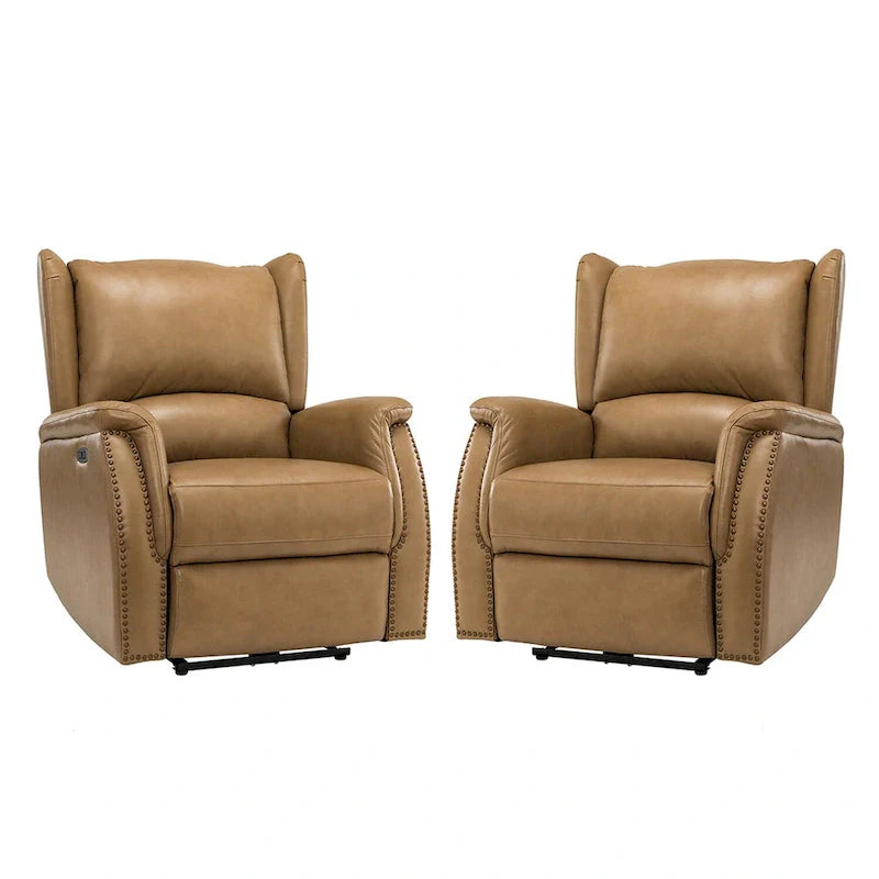 Genuine Leather Power Recliner with USB Port – Wingback Nailhead Set of 2