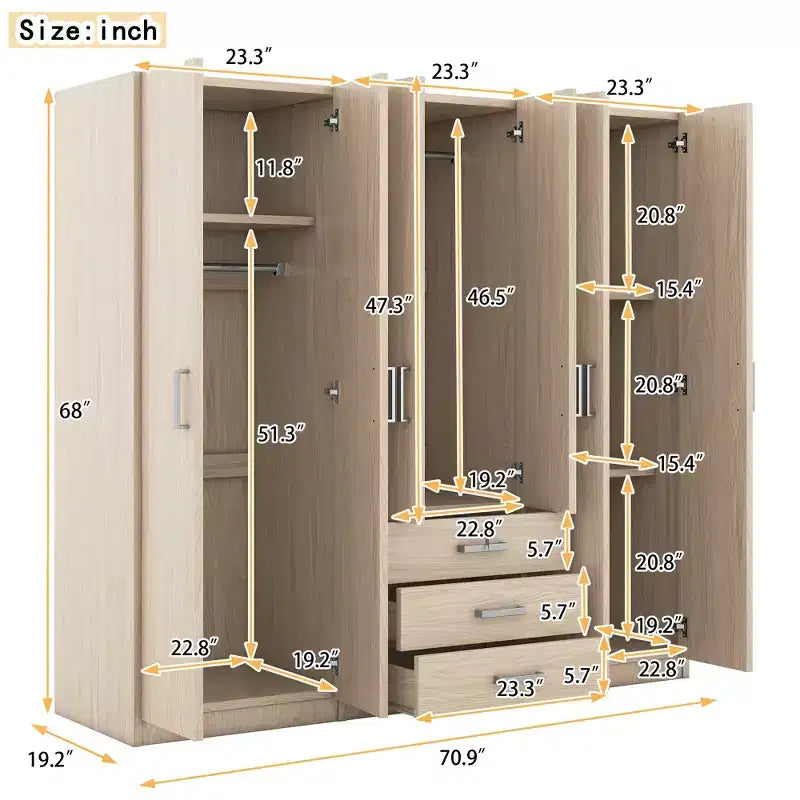 6-Door Wooden Wardrobe with Drawers for Bedroom