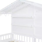 Twin Size House Bed with Storage Shelves and Rails, Wood Kids Montessori Bed Frame with Window and Sparkling Light Strip