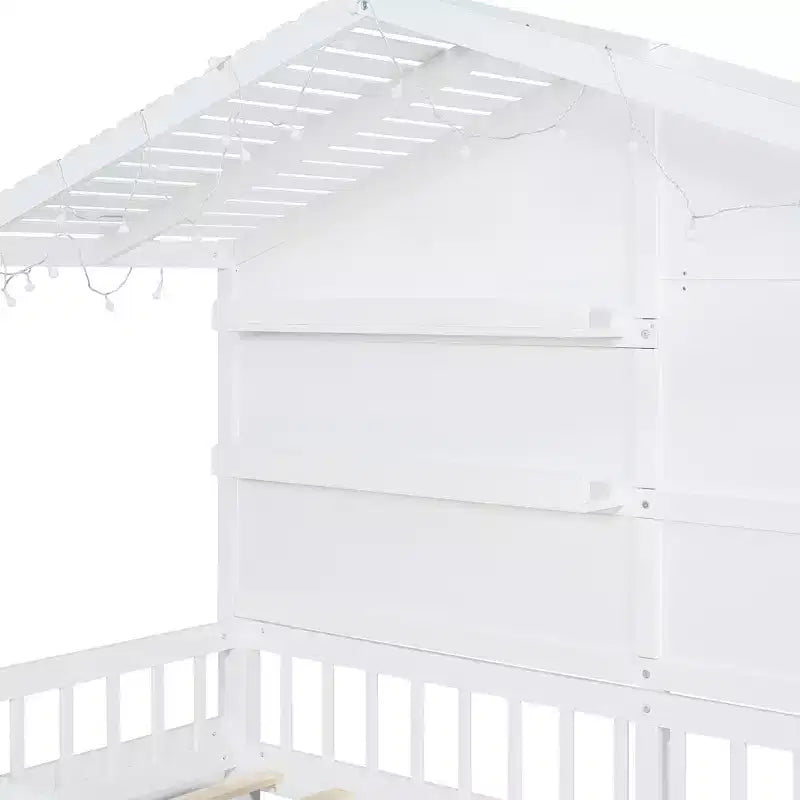 Twin Size House Bed with Storage Shelves and Rails, Wood Kids Montessori Bed Frame with Window and Sparkling Light Strip