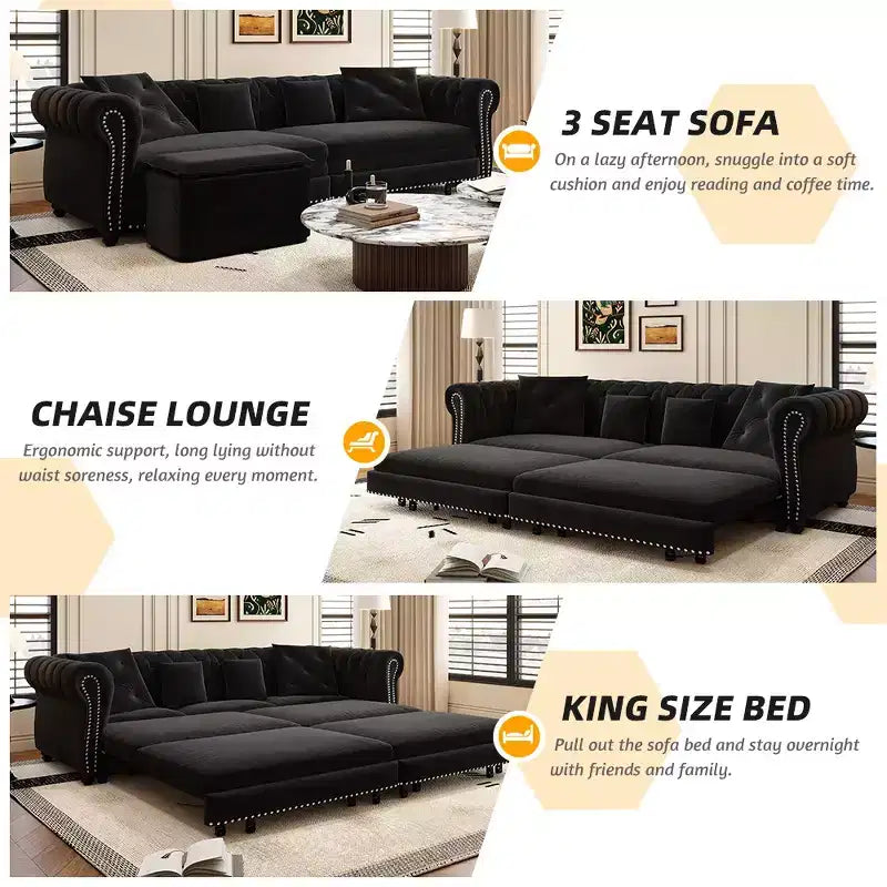 Whisen Velvet 3-in-1 King Size Pull-Out Sofa Bed & Convertible Sleeper Sofa with Movable Ottoman, Tufted Design