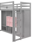 Kids Loft Bed with Wardrobe and Shelves, Wooden Loft Bed Frame with Storage Cabinet for Kids Teens