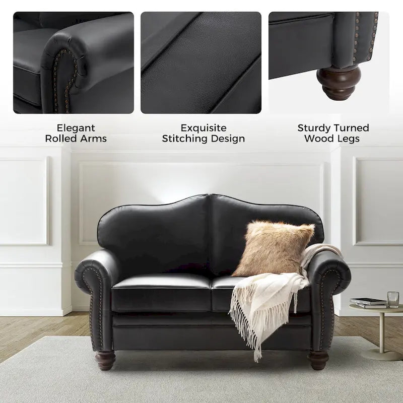 Transitional Genuine Leather Sofa With Tufted Back