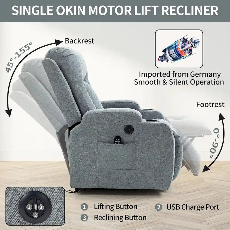 Power Lift Recliner Chair, Modern Single Motor Massage Sofa Chair with Lumbar Heating, USB Charging Port, Cup Holders