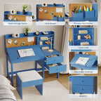 Kids Desk and Chair Set, Wooden Study Table with Adjustable Tilt Desktop, Drawers & Cork Board - Children School Learning Desk Set