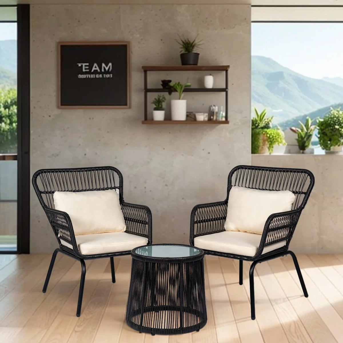 Set da Bistrò per Conversazione da Esterno a 3 Pezzi in Vimini, Set di Sedie da Patio in Rattan per Tutte le Stagioni con Cuscini