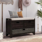 Wood Storage Bench with 2 Woven Baskets