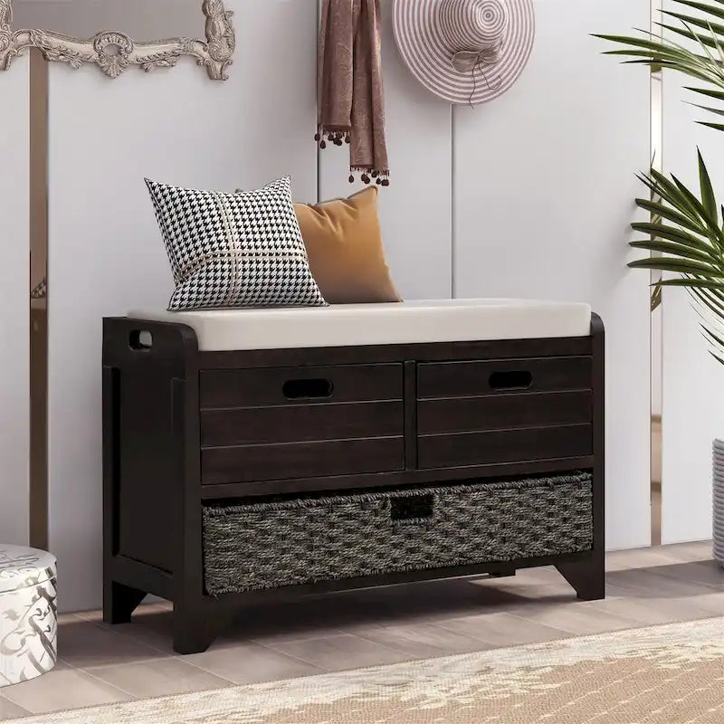 Wood Storage Bench with 2 Woven Baskets